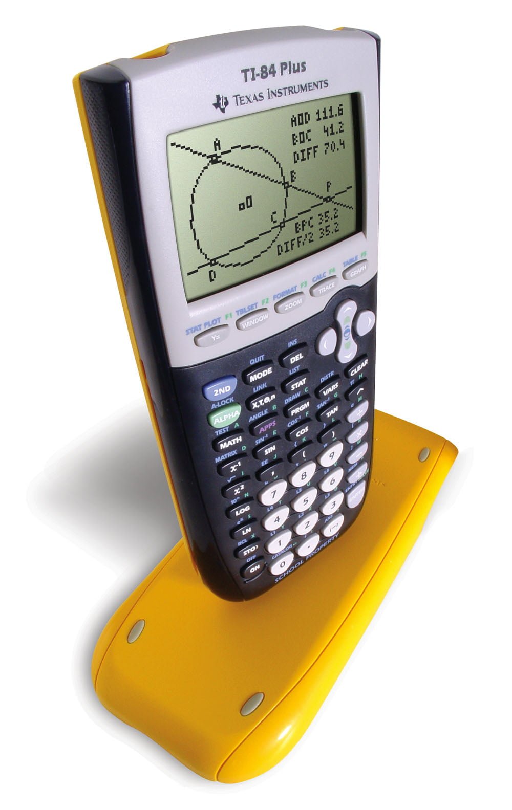 bruger Ubestemt Silicon Texas Instruments TI 84 Plus Graphing Calculator in EZ Spot Yellow with  "School Property" printed on each unit